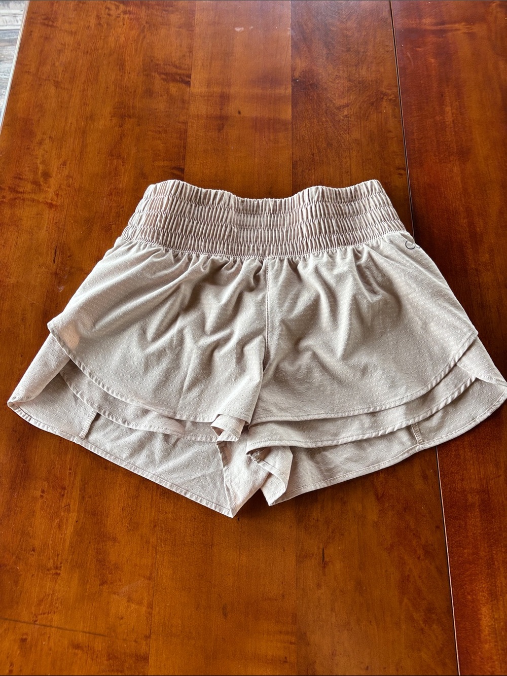 Smocked Waist Layered Athletic Shorts in Light Taupe